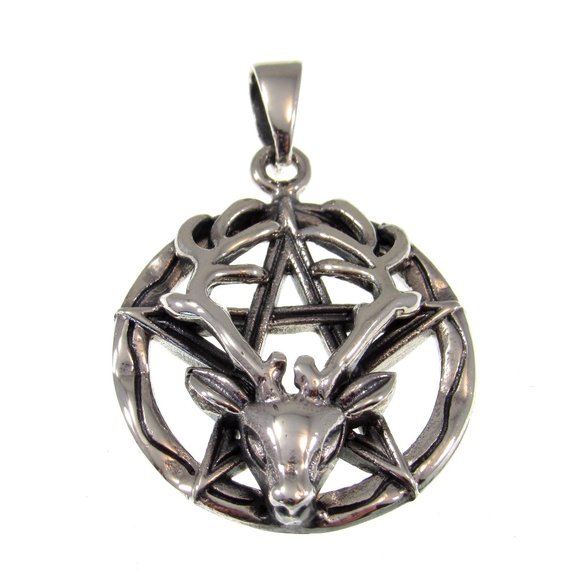 Solid 925 Sterling Silver Reindeer Pentacle Pagan Pentagram Pendant - Picture 1 of 5